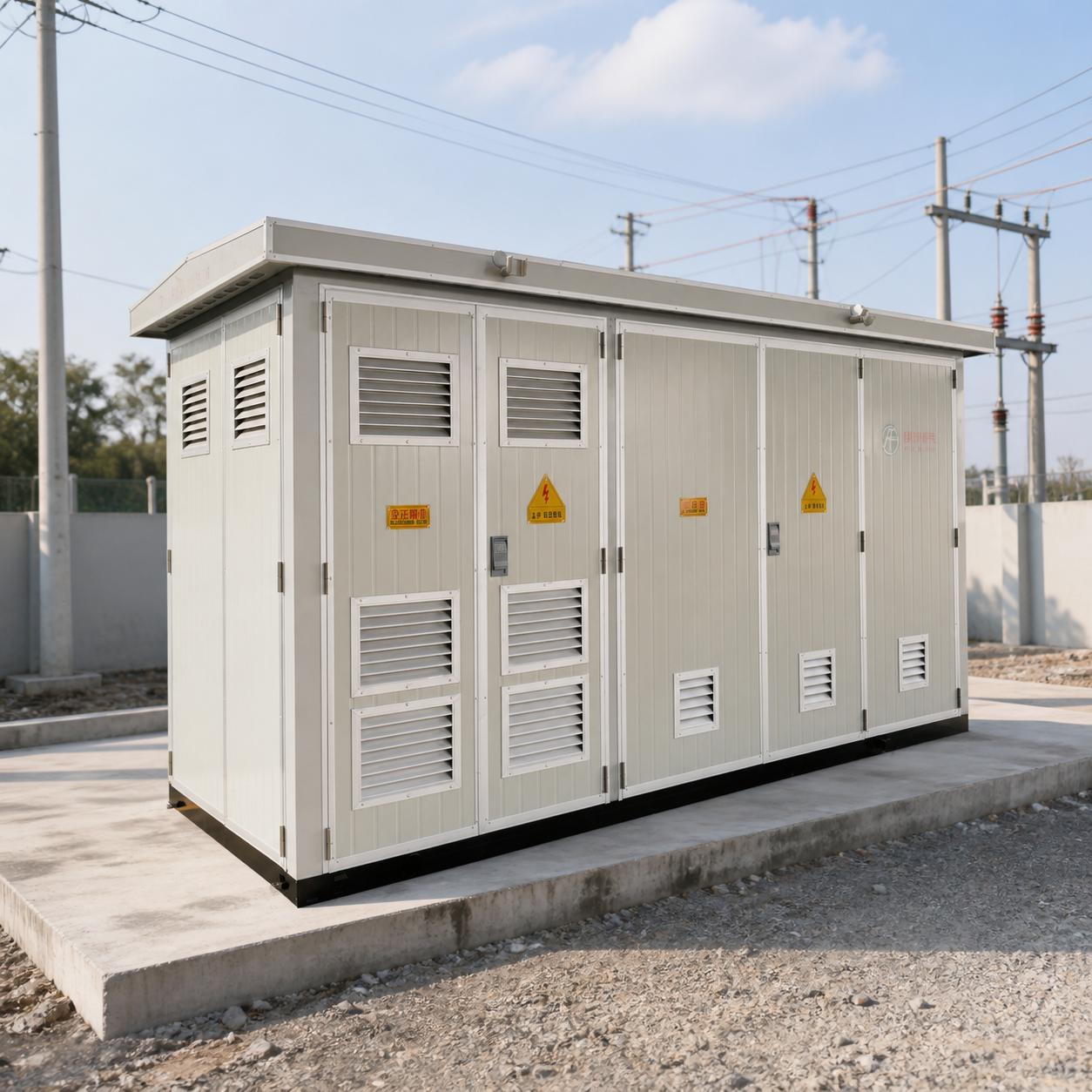 Side view showing external cable entry ports on a transformer substation