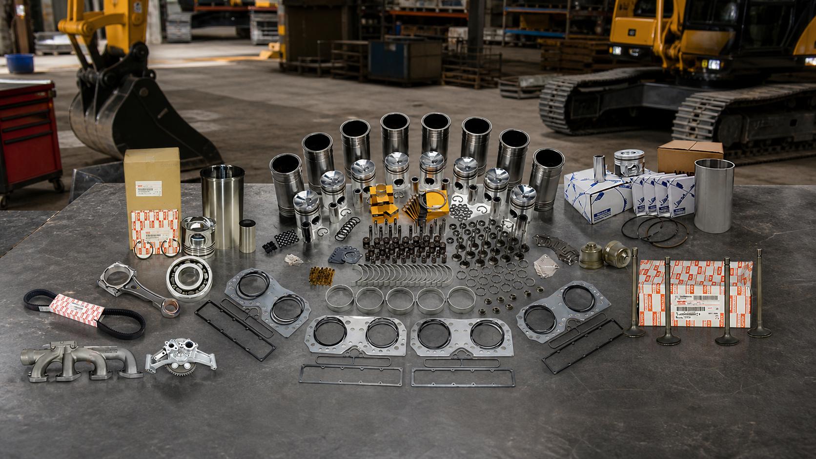 Assorted diesel engine parts including cylinder liners, pistons, gaskets and bearings