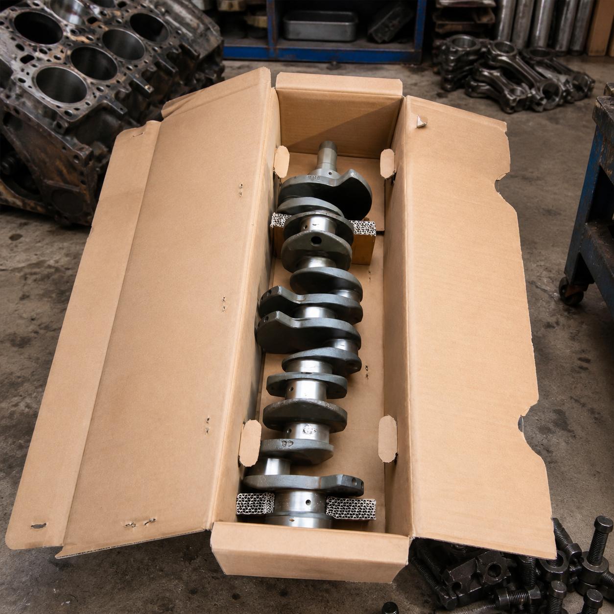 Heavy-duty steel crankshaft resting inside a shipping box