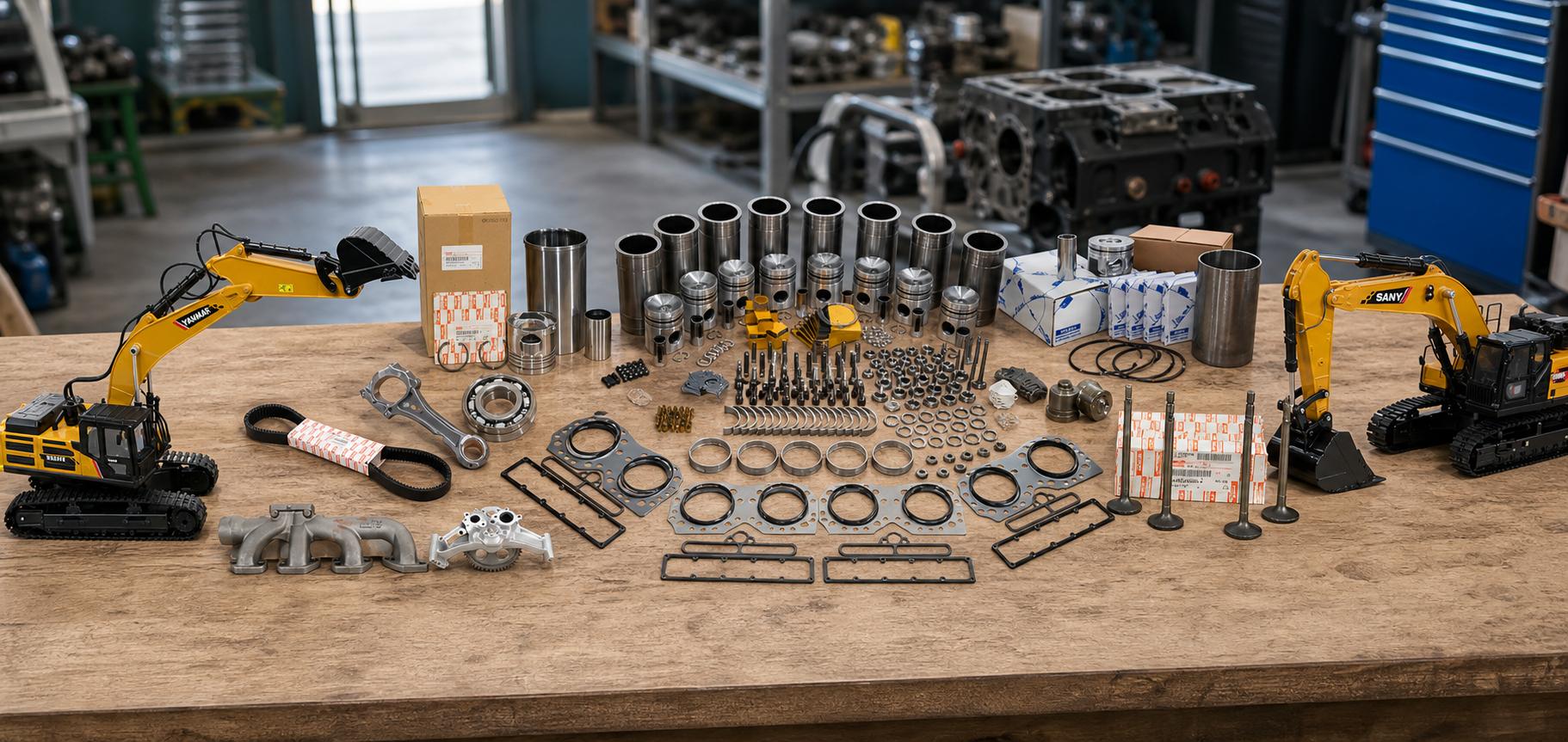 A wide-angle studio shot displaying a vast collection of engine parts including cylinder liners, pistons, gaskets, and bearings, flanked by two miniature yellow construction excavators