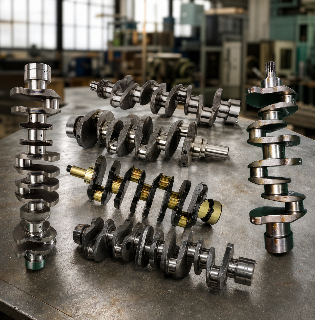 A studio composition showing multiple crankshafts of varying sizes arranged in a cluster, made of heavy-duty forged steel with a polished, metallic gray finish