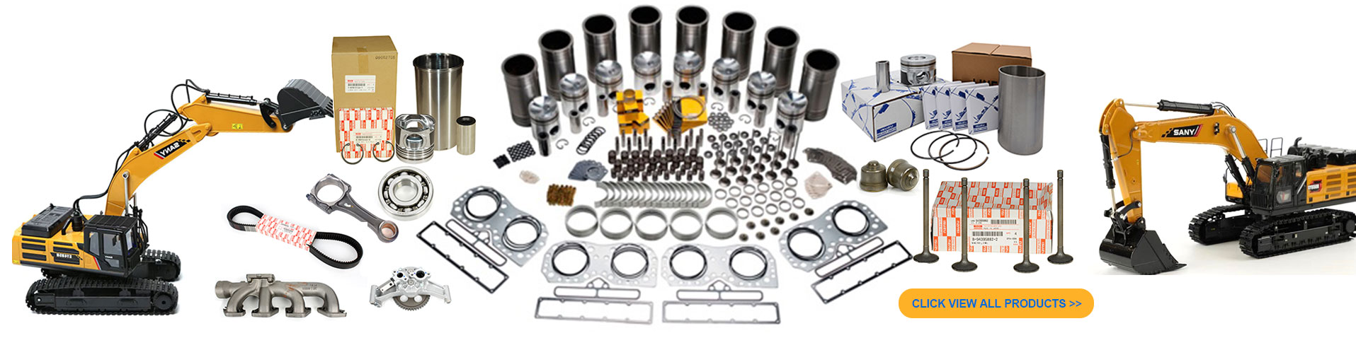 A wide-angle studio shot displaying a vast collection of engine parts including pistons, cylinder liners, gaskets, and bearings, flanked by two miniature yellow SANY excavator models on a white background.