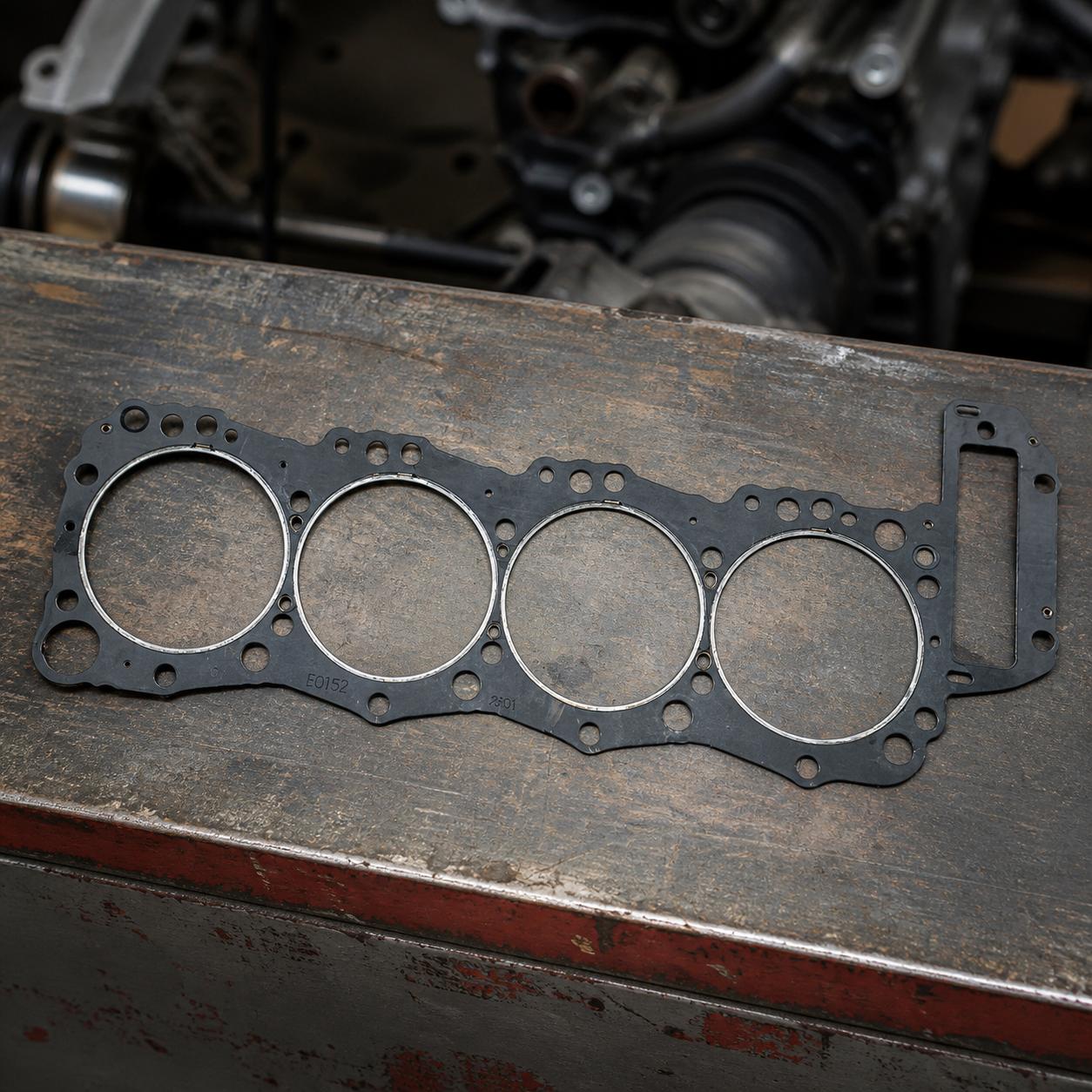 A top-down view of a large, multi-hole engine cylinder head gasket, positioned in front of a Hino-branded cardboard packaging box.
