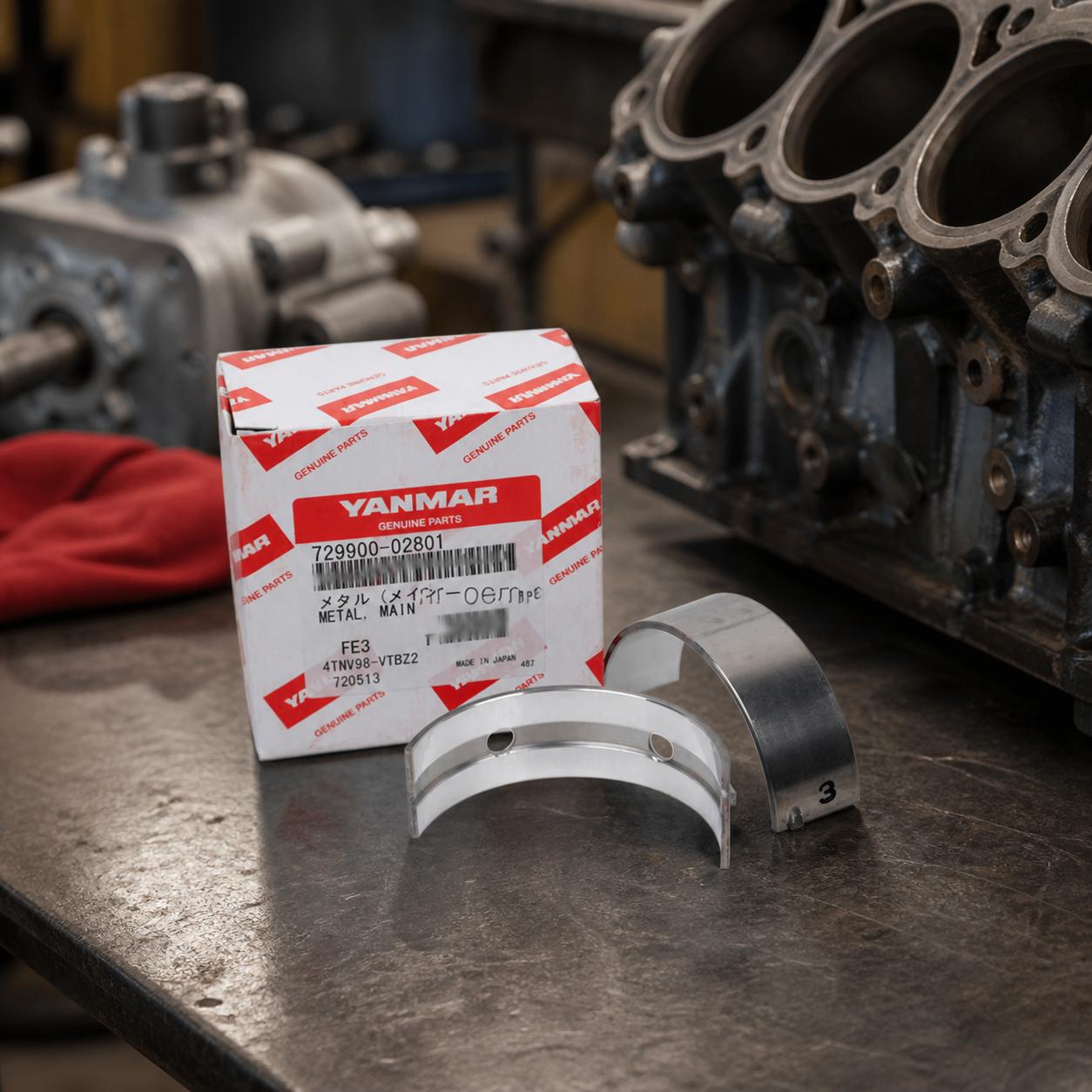 A close-up, 45-degree angle shot of two semi-circular engine main bearings resting next to their original Yanmar-branded packaging box