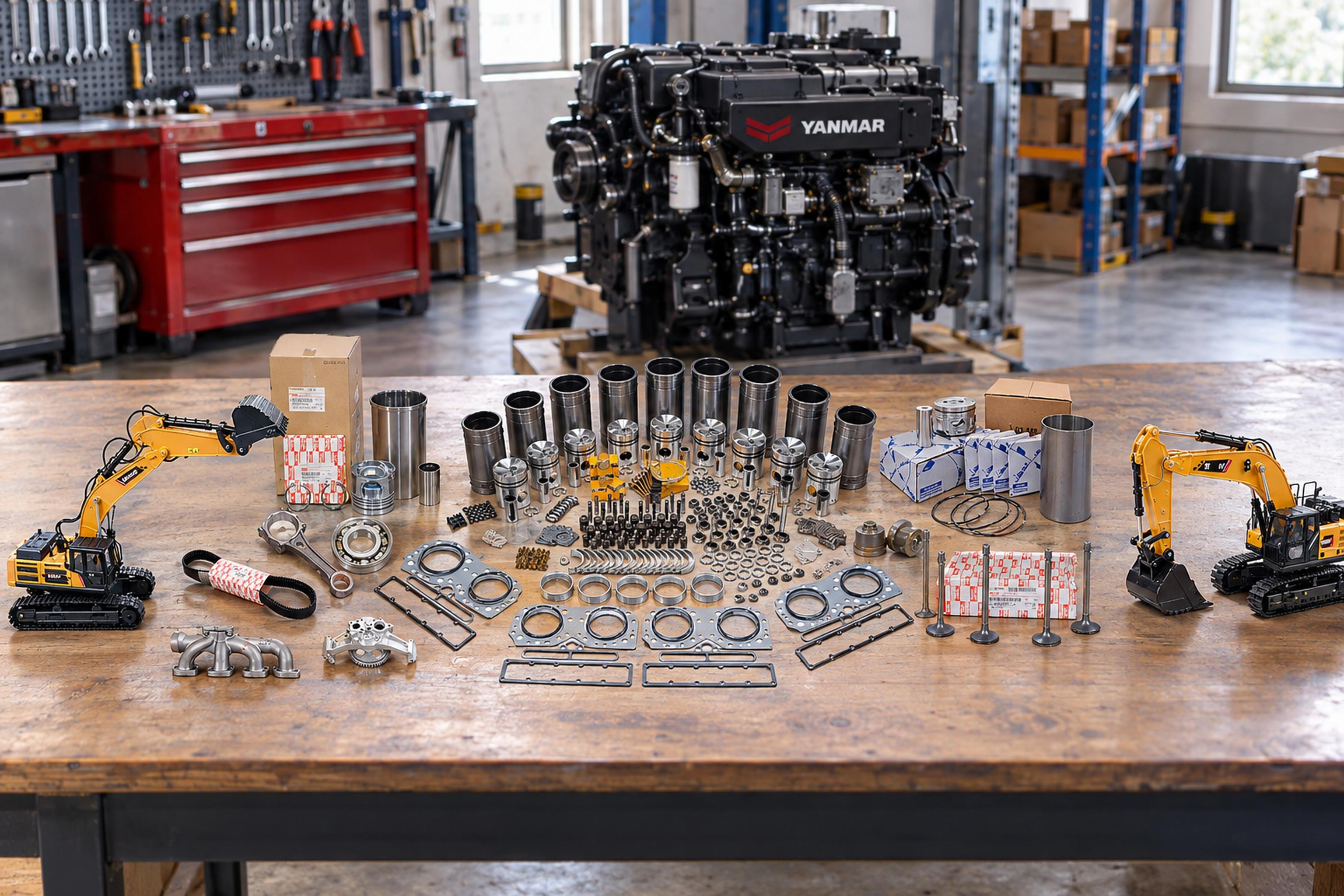 Comprehensive collection of Yanmar engine parts including pistons, gaskets, and precision components