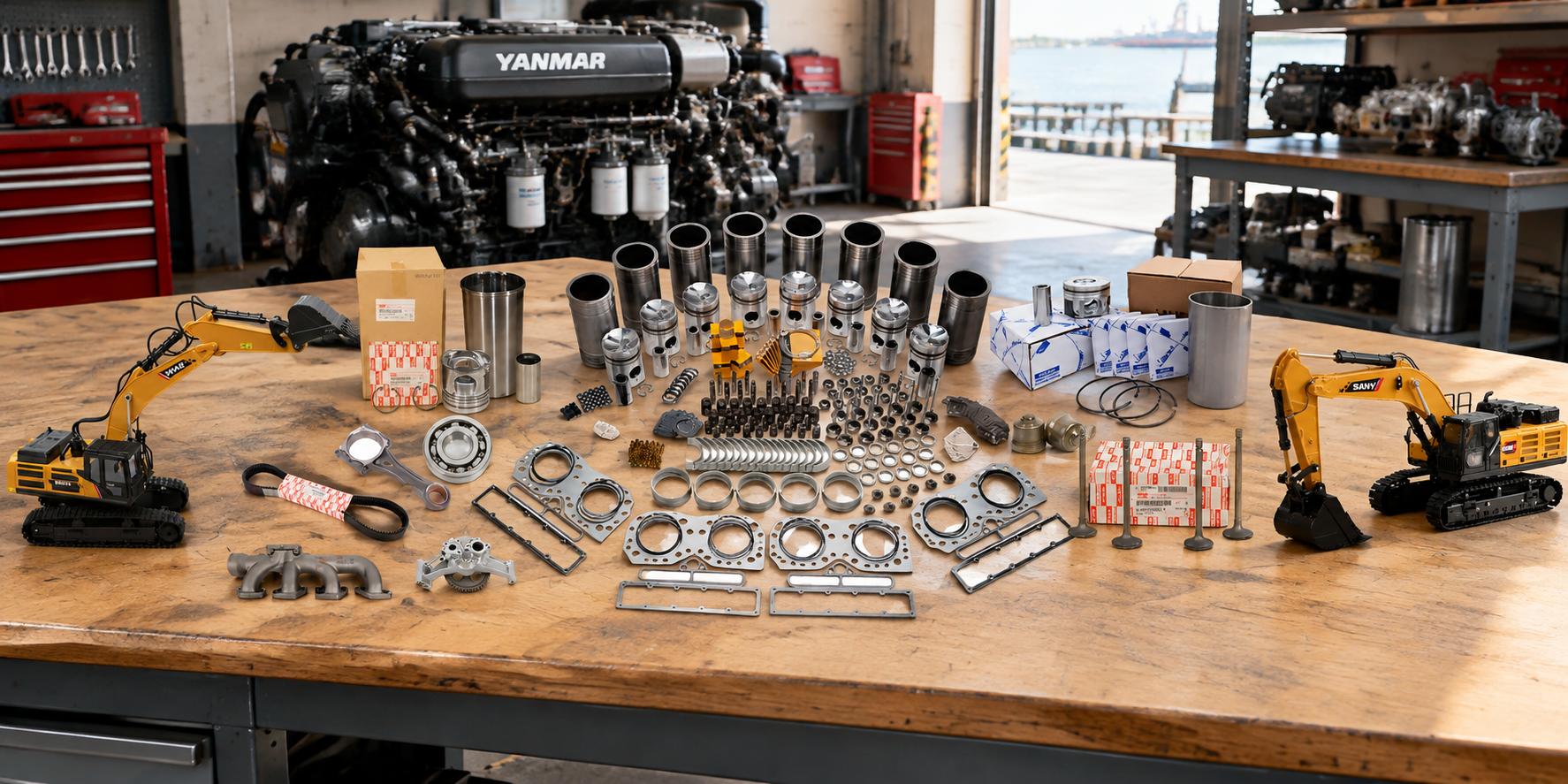 Comprehensive collection of Yanmar diesel engine components including internal parts and assemblies