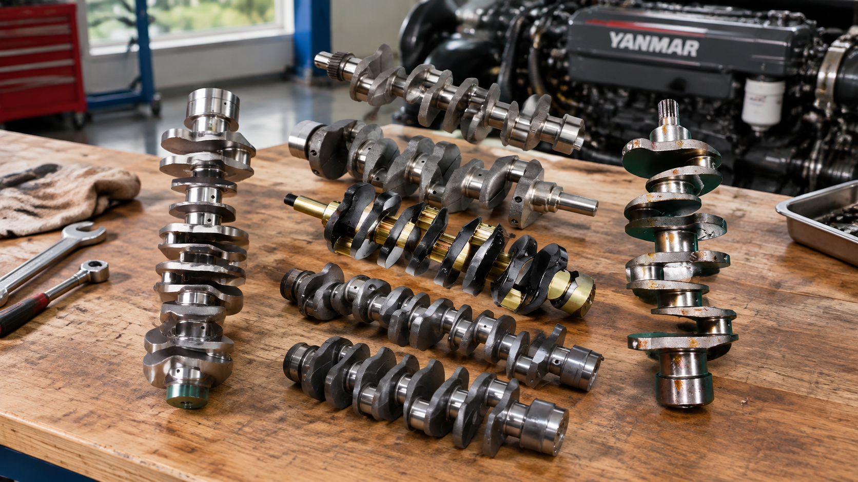 Machined diesel engine crankshafts Precision machined diesel crankshafts arranged in studio lighting