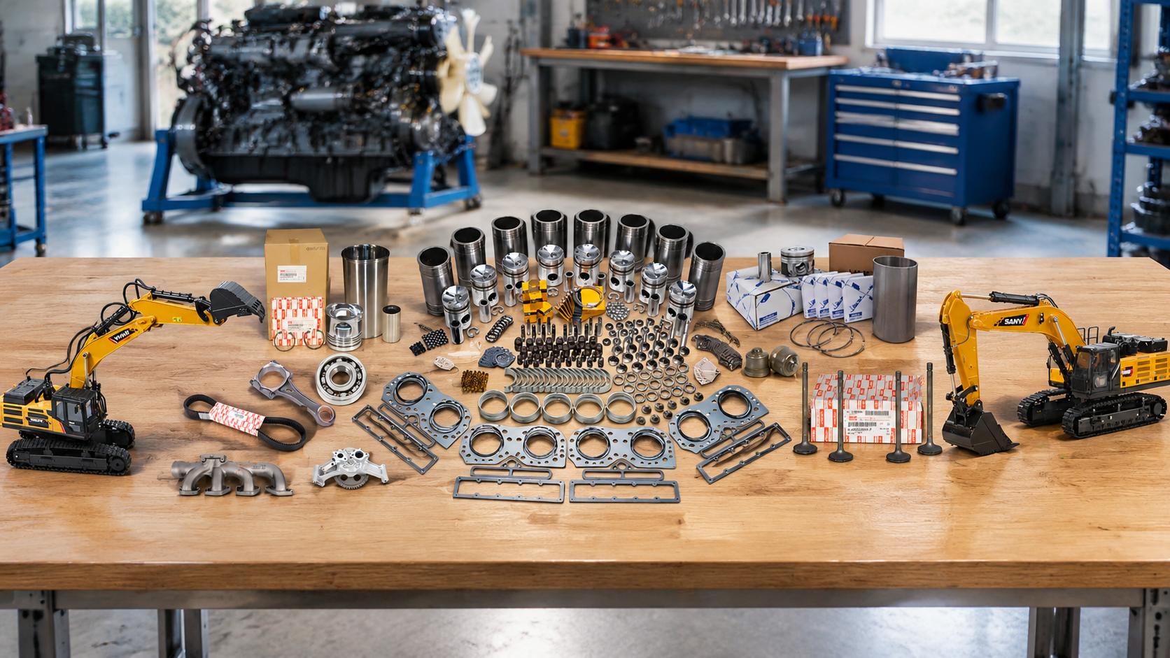 Engine overhaul components and industrial machinery Display of internal engine components including pistons and liners beside miniature excavator equipment