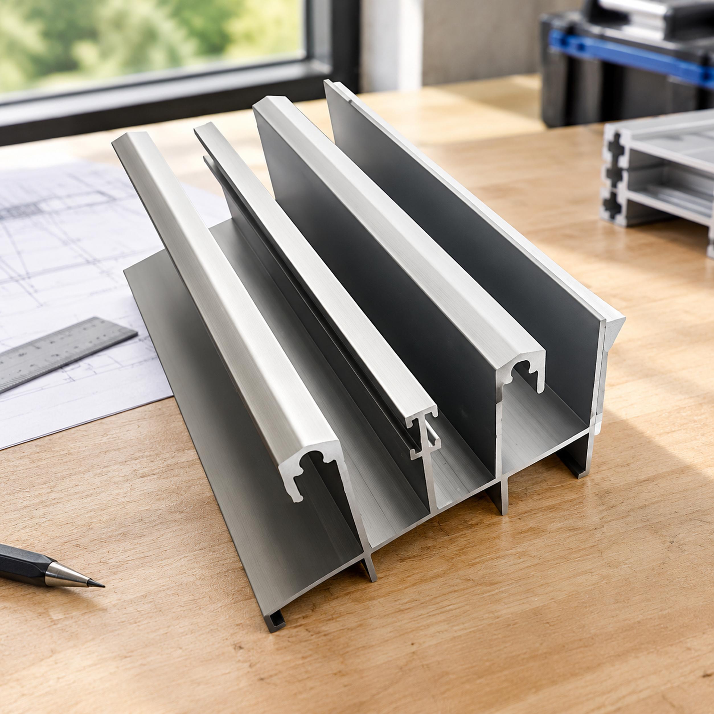 Close-up view of a multi-channel aluminum profile with grooves and mounting flanges