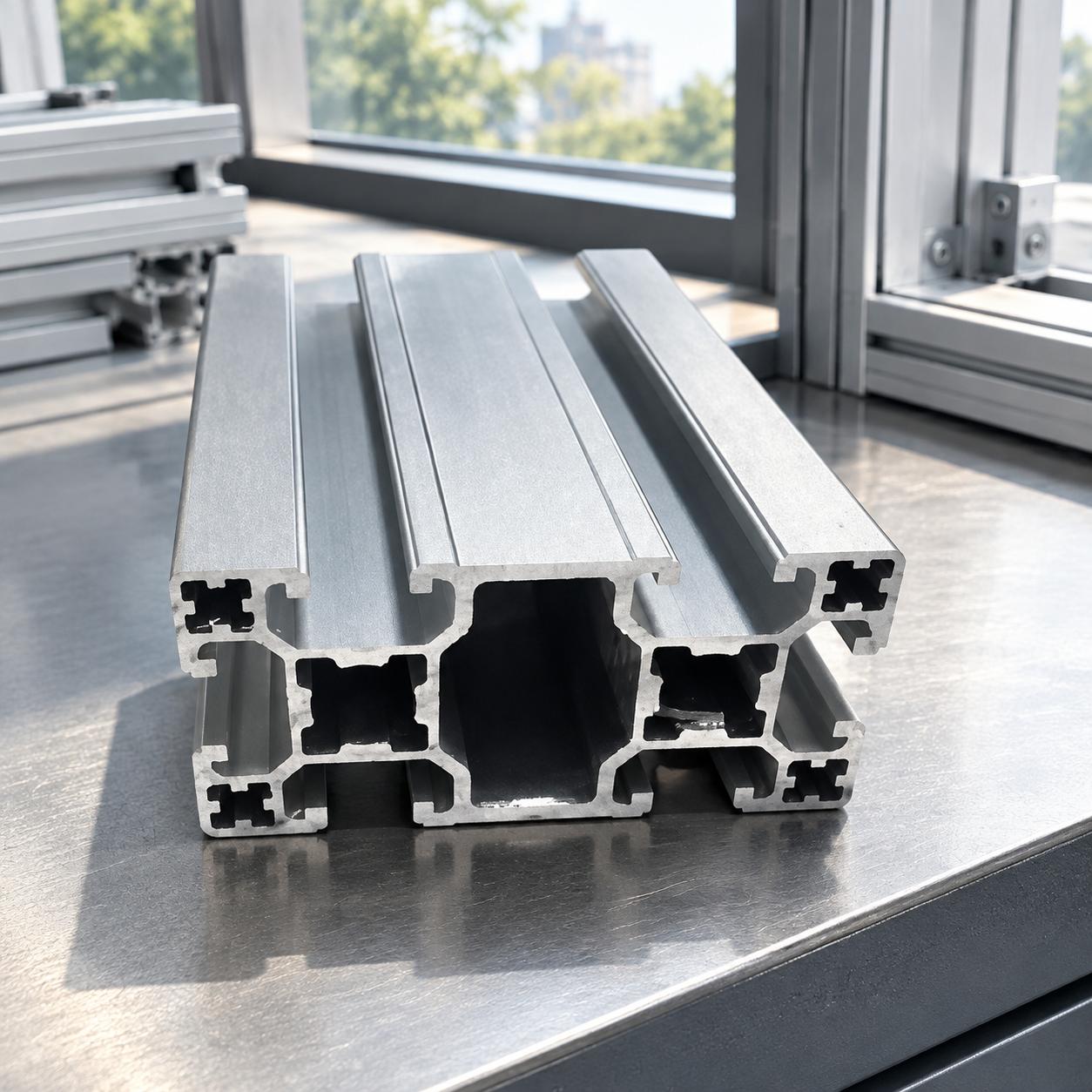 Angled view of a T-slot aluminum extrusion profile showing internal hollow structure
