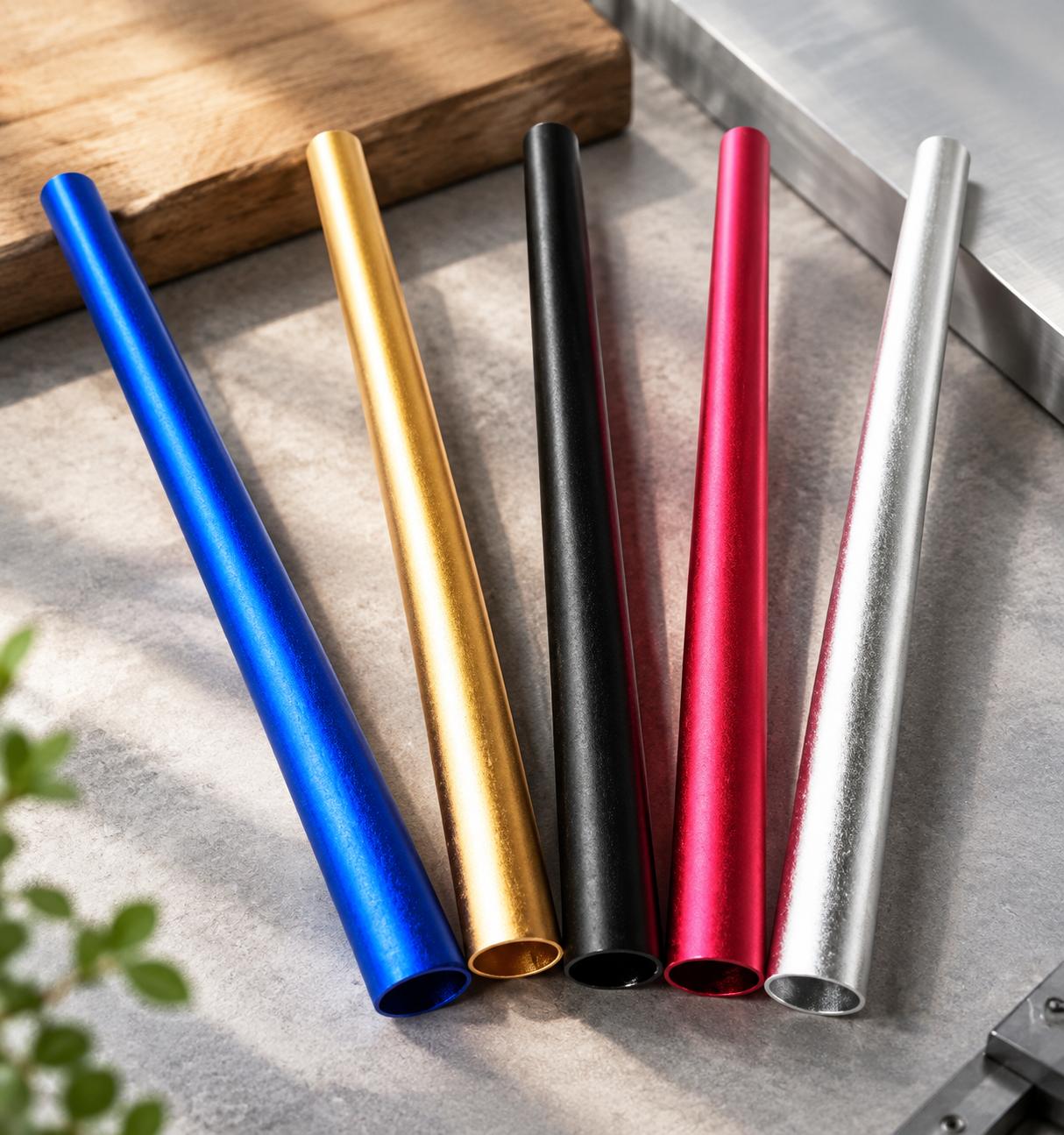 Anodized aluminum tubes in multiple colors showing uniform sandblasted texture