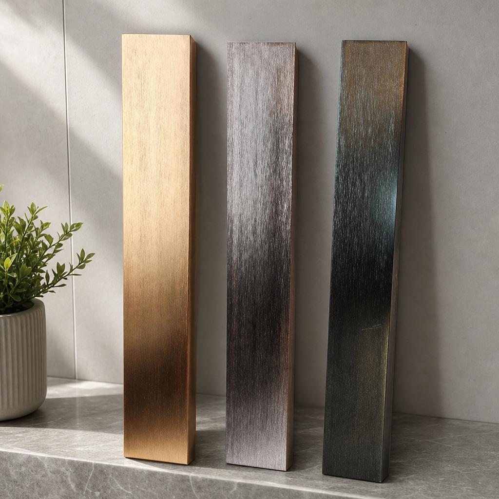 Aluminum decorative trim samples in champagne, bronze, and charcoal finishes