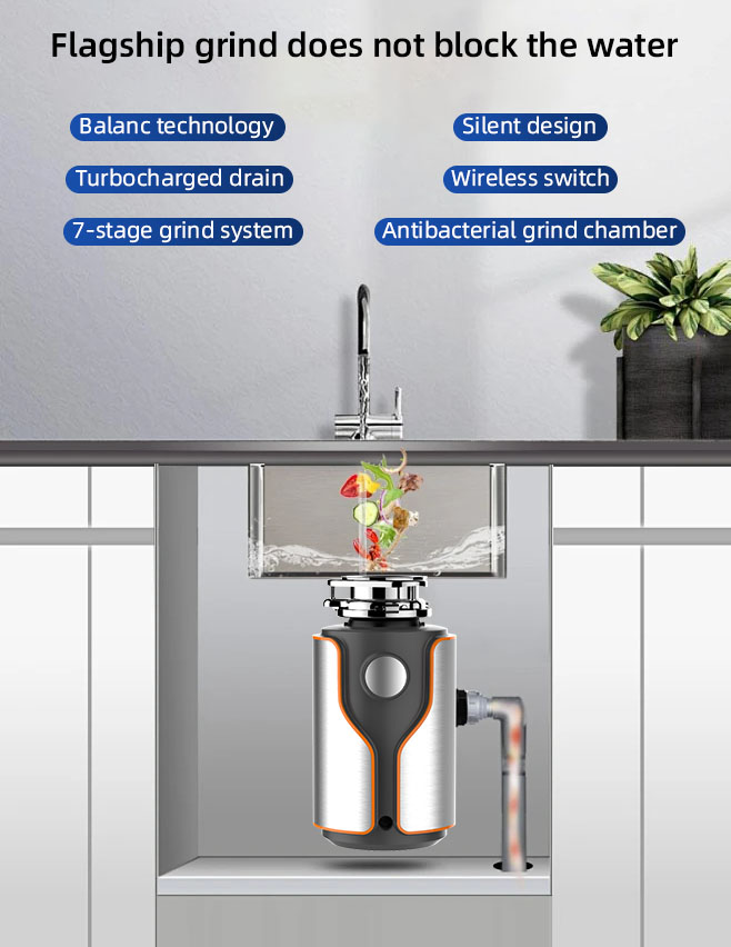 Conceptual diagram showing the disposer installed under a kitchen sink with floating call-out text boxes