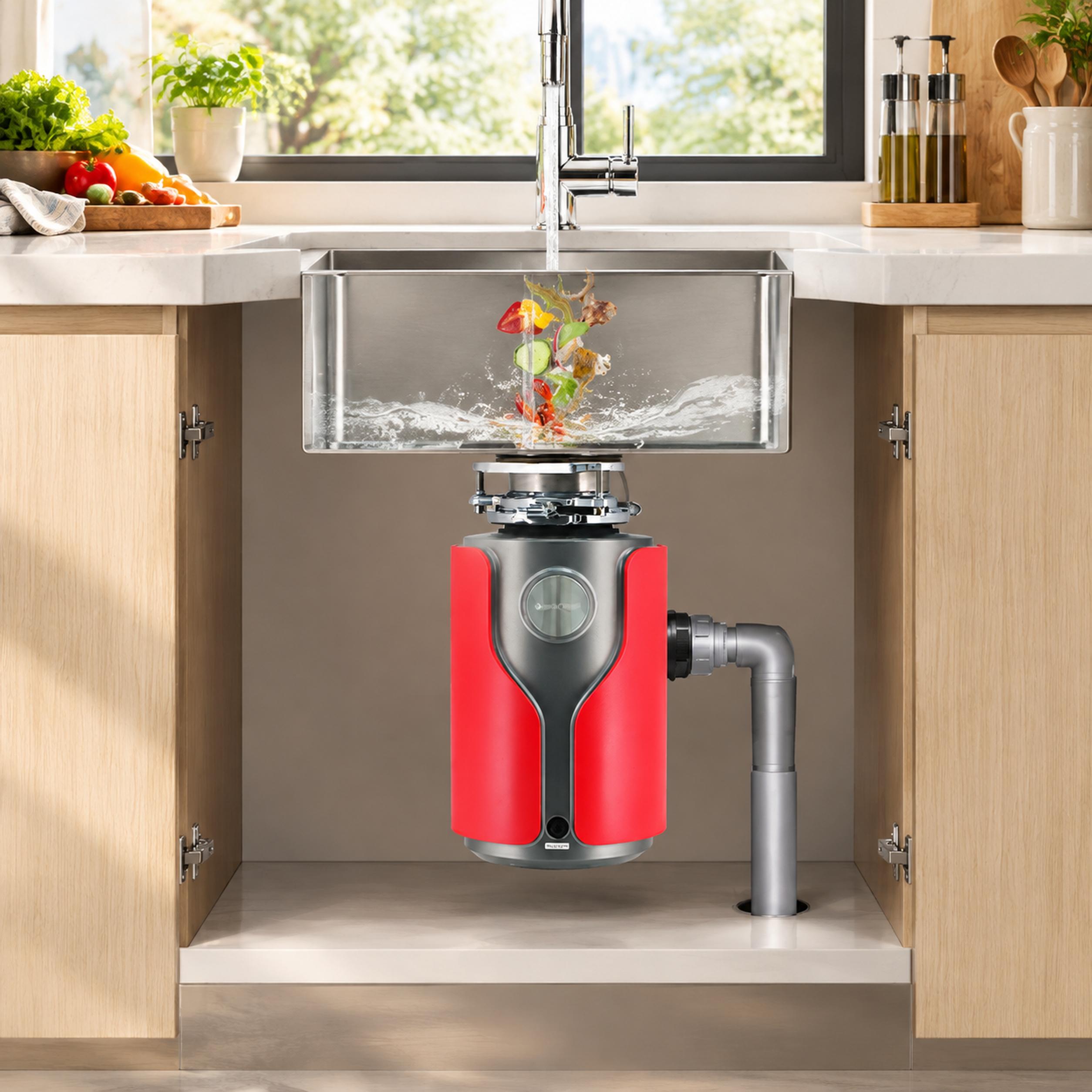 Cross-section view of disposer installed under sink with waste processing