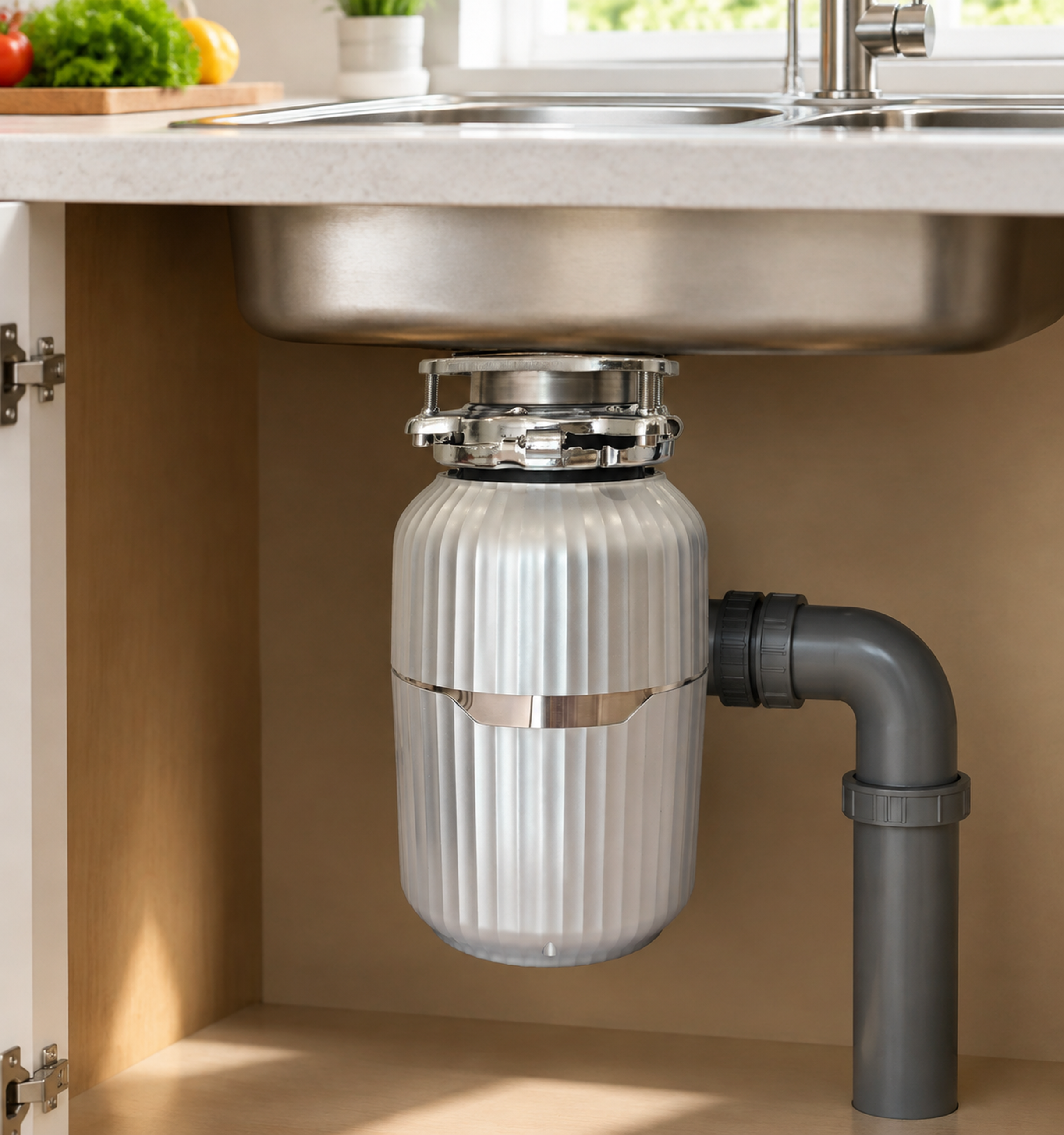 Technical specification table and side view of the BLDC food waste disposer