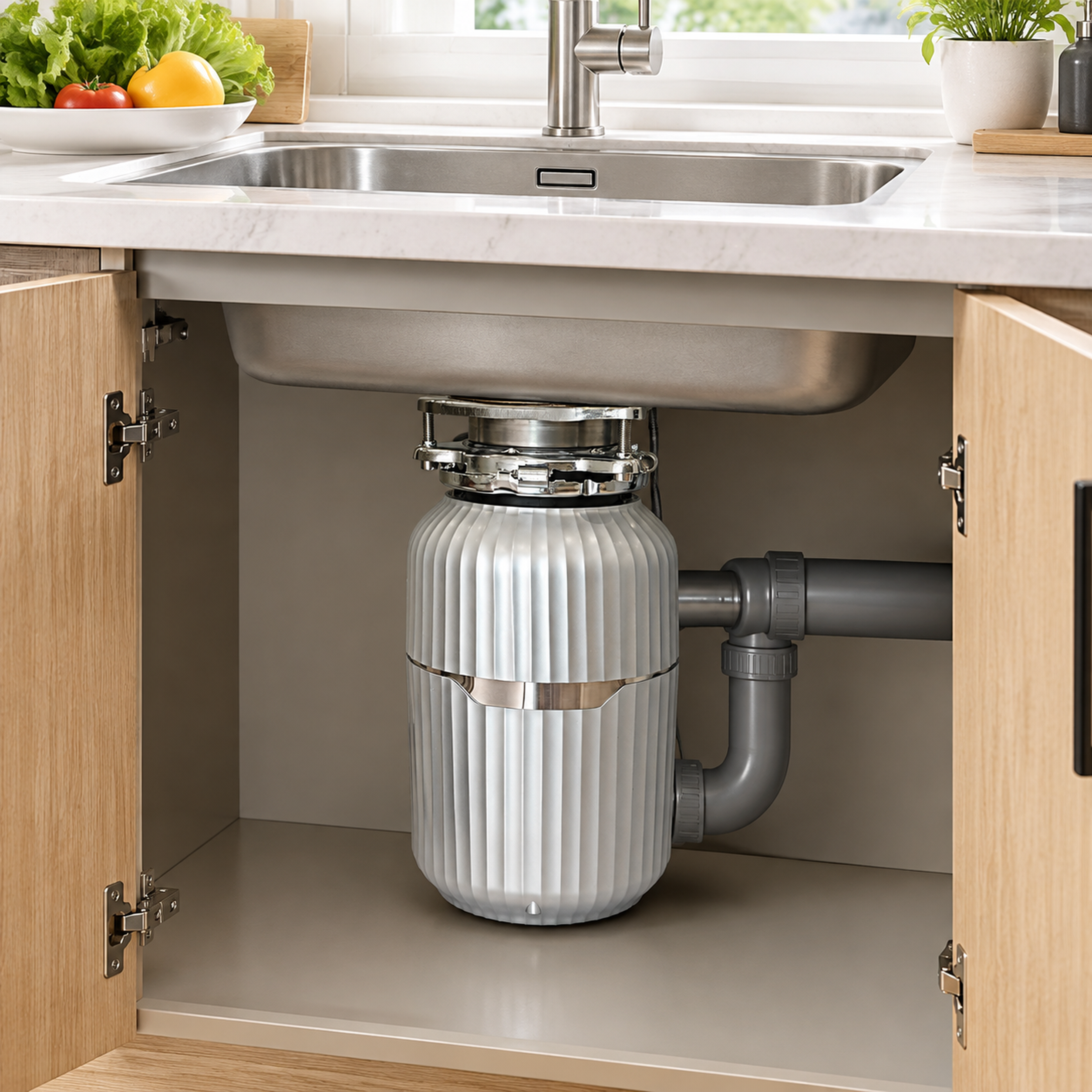 Technical specification table and side view of the BLDC food waste disposer