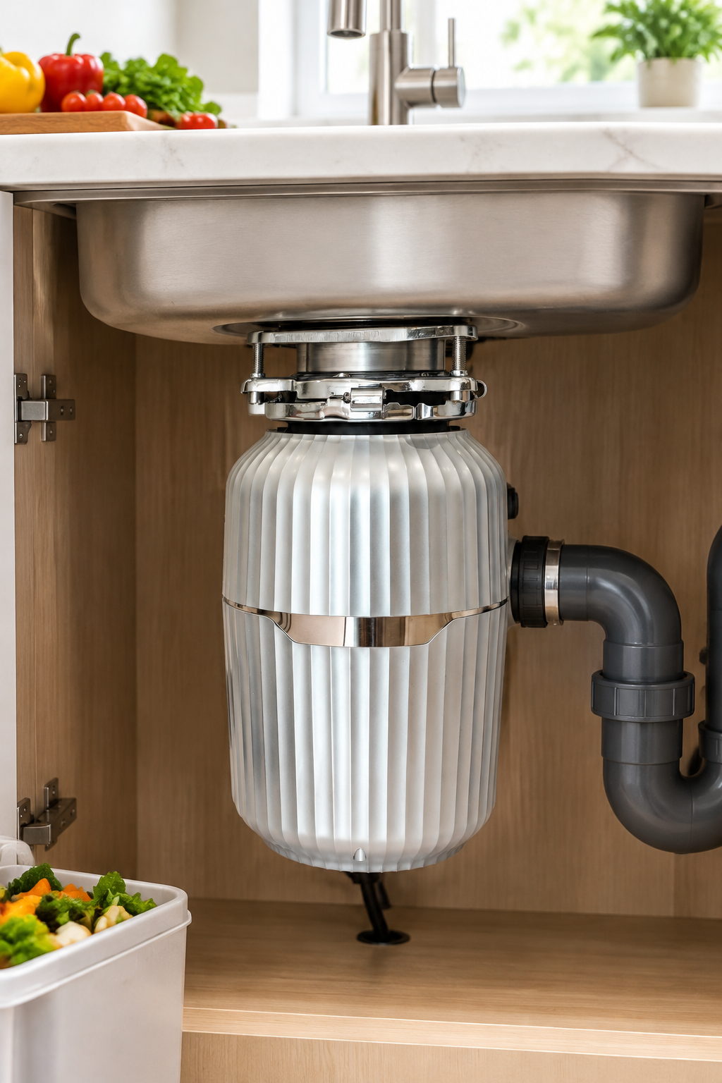 Technical specification table and side-view image of the BLDC food waste disposer