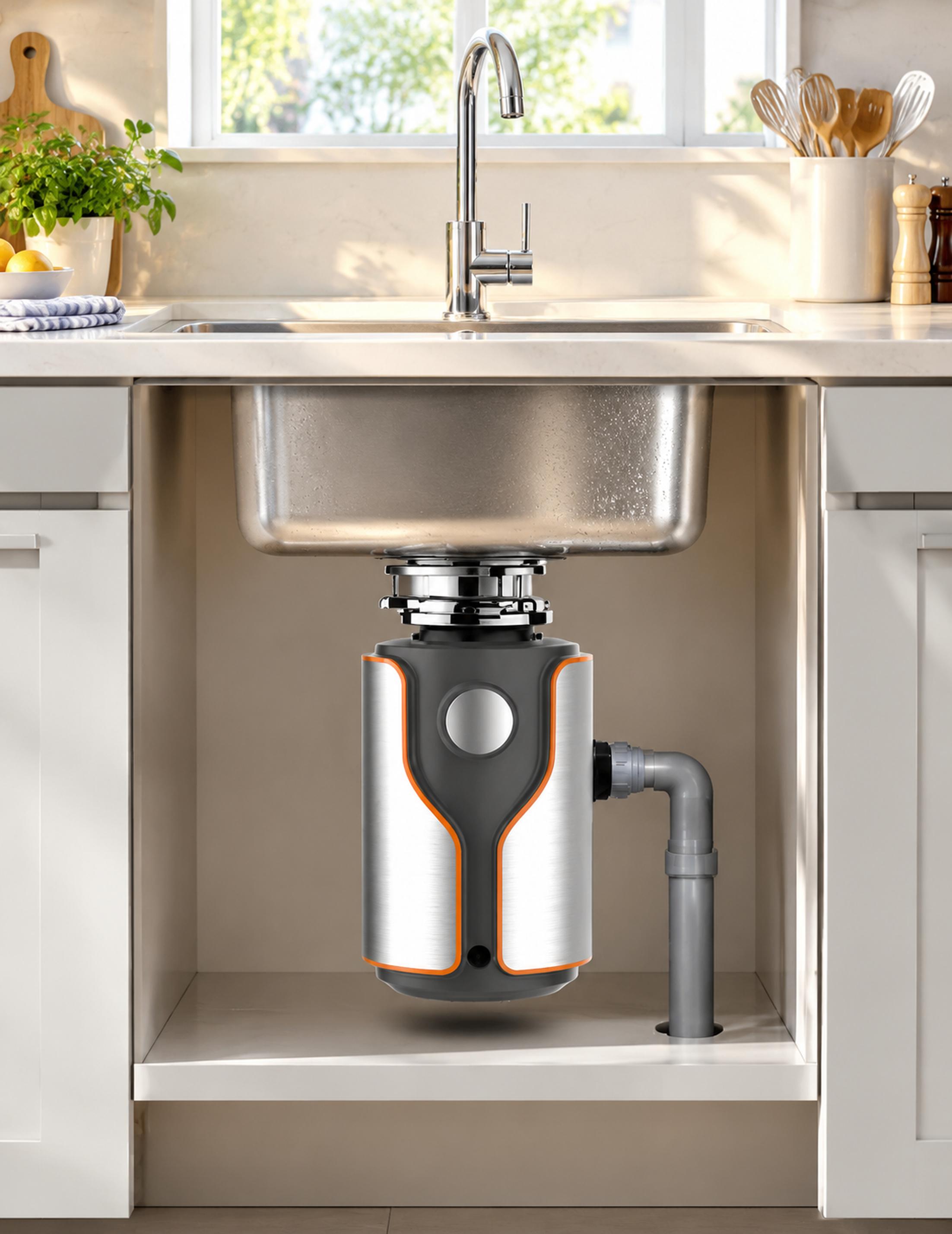 A conceptual diagram showing the disposer installed under a kitchen sink, highlighting silent design and turbocharged drainage features