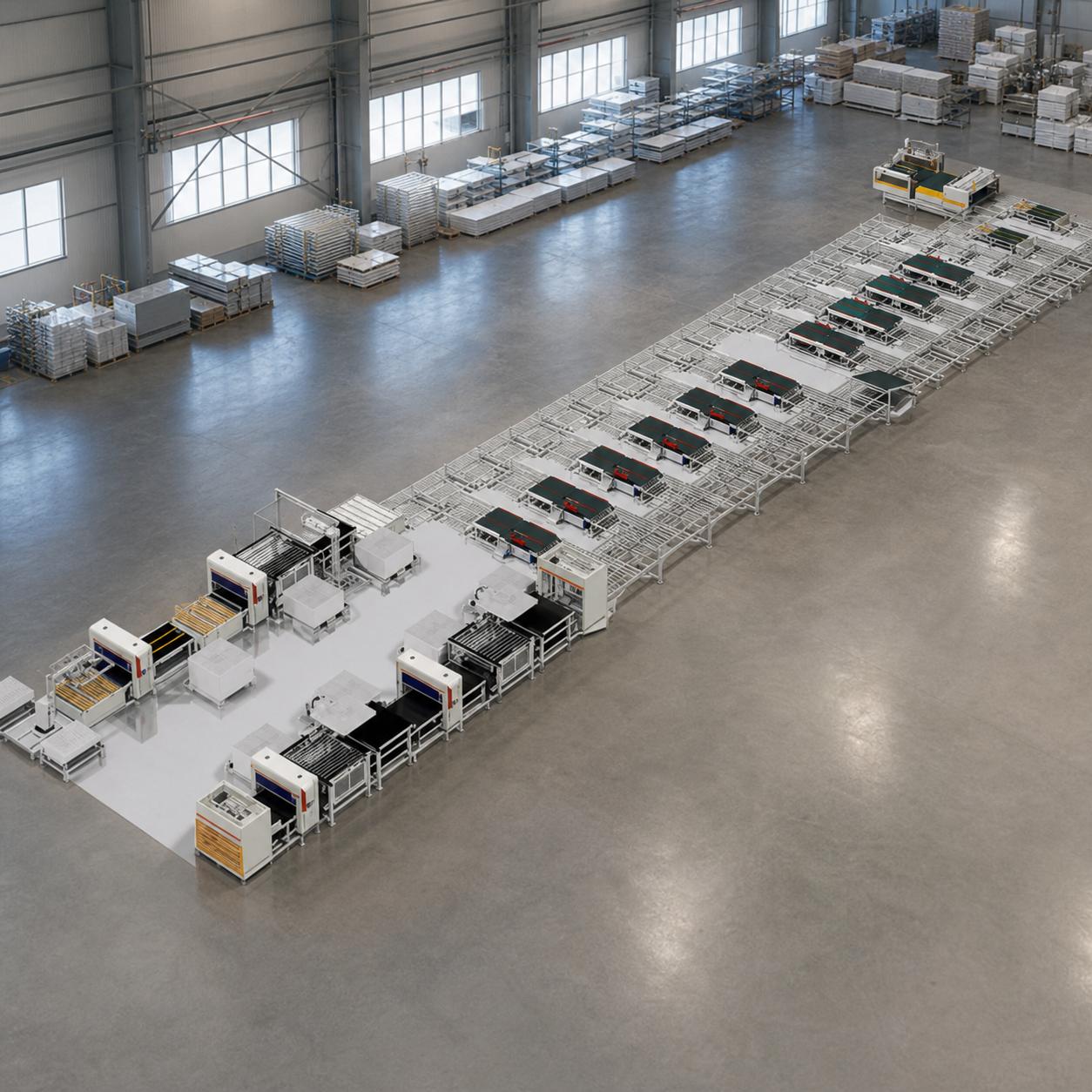 Изометрический вид на производственную линию ZLT-GZN-600 с роботами-манипуляторами и зонами нанесения клея